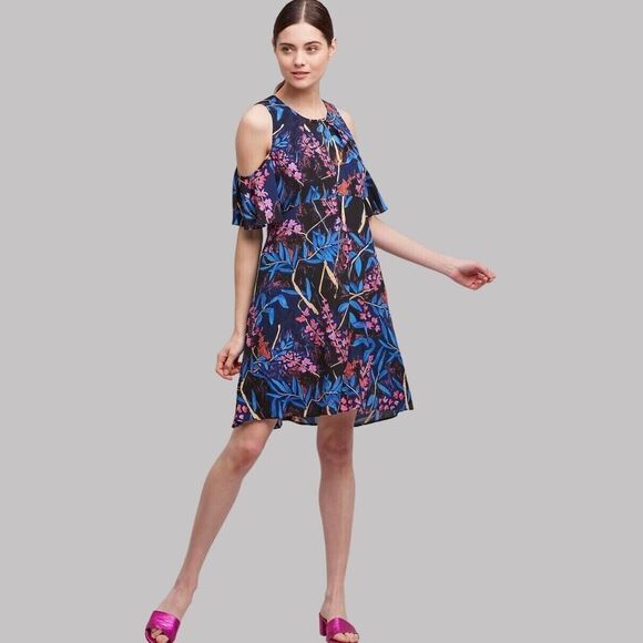 Anthropologie Maeve Elia Dress Womens 0 Blue Floral‎ Print Cold Shoulder A Line - Picture 1 of 11